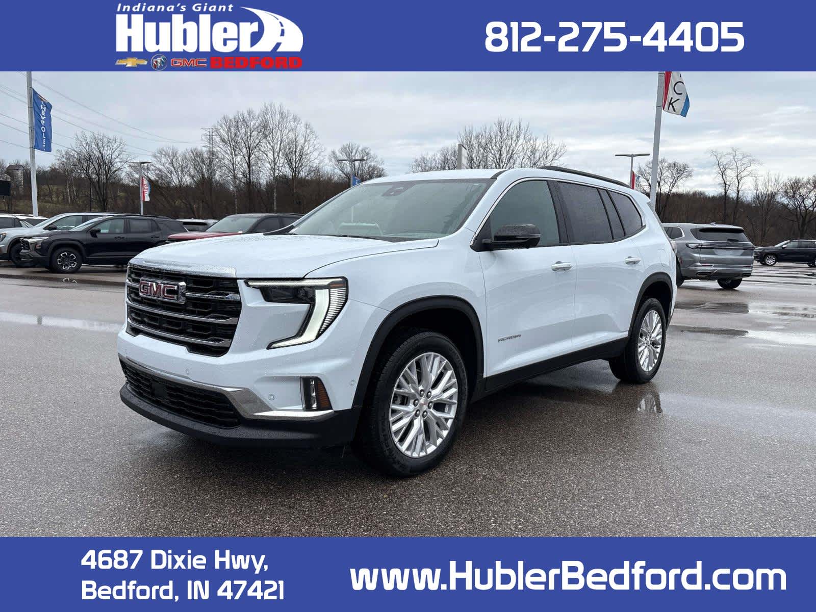 2026 GMC Acadia Elevation in Glacier White Tricoat — front three-quarter view
