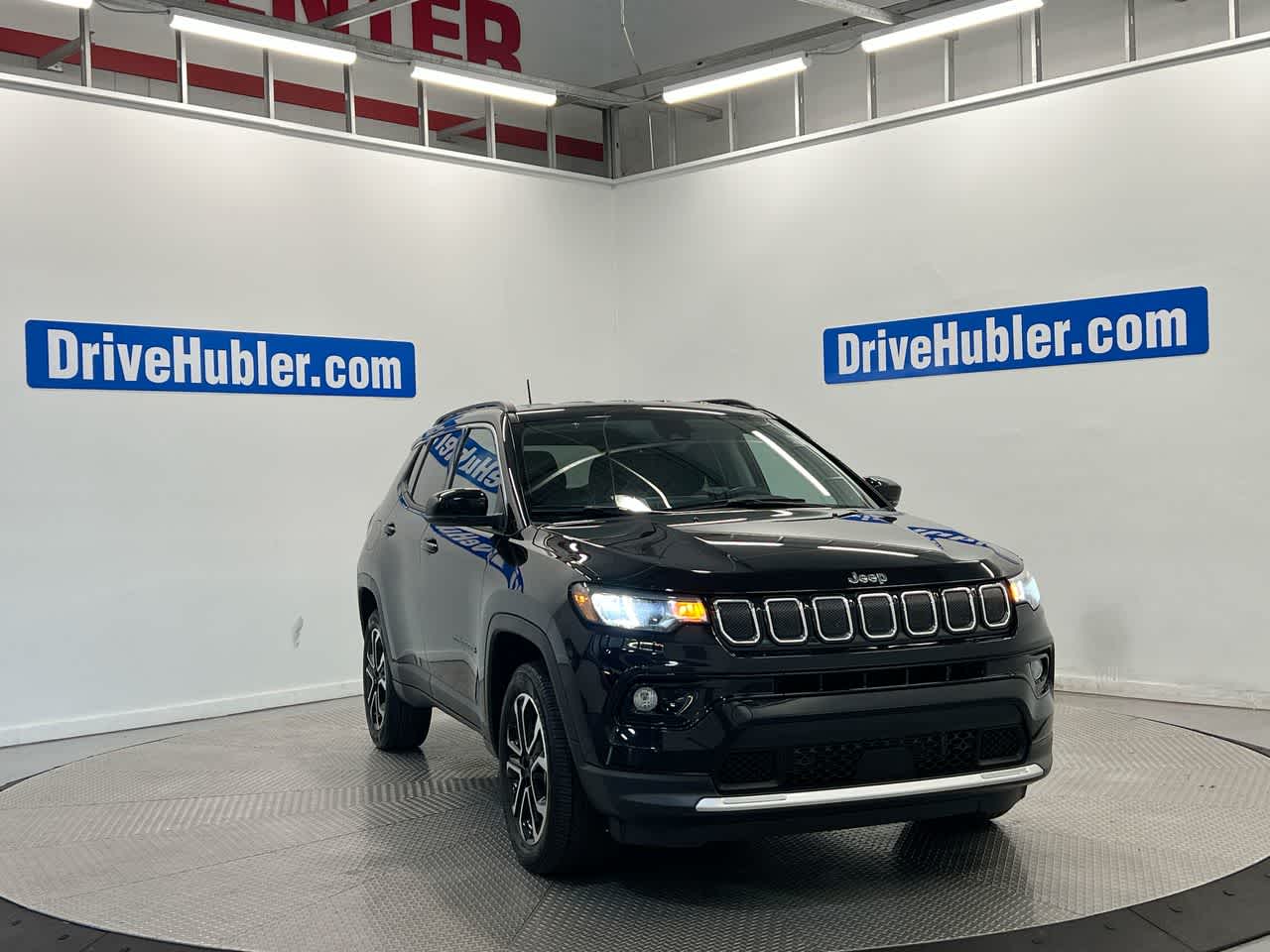 2022 Jeep Compass Limited in Diamond Black Crystal Pearlcoat — front three-quarter view